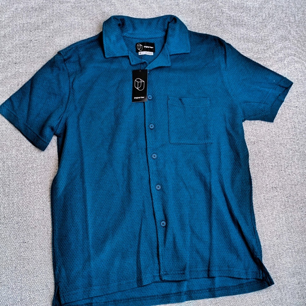 Original Use Button Down Shirt Mens M Teal New Short Sleeve Textured Camp Collar